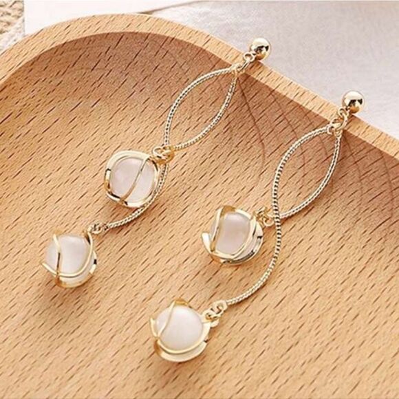 Boho-Elegant Long Tassel Opal Design Earrings Stainless Steel Drop Fashion Look - Picture 3 of 15